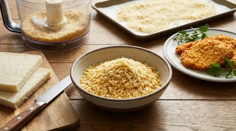 Ciotola di pane panko fatto in casa con fette di pancarré, robot da cucina e cotoletta impanata