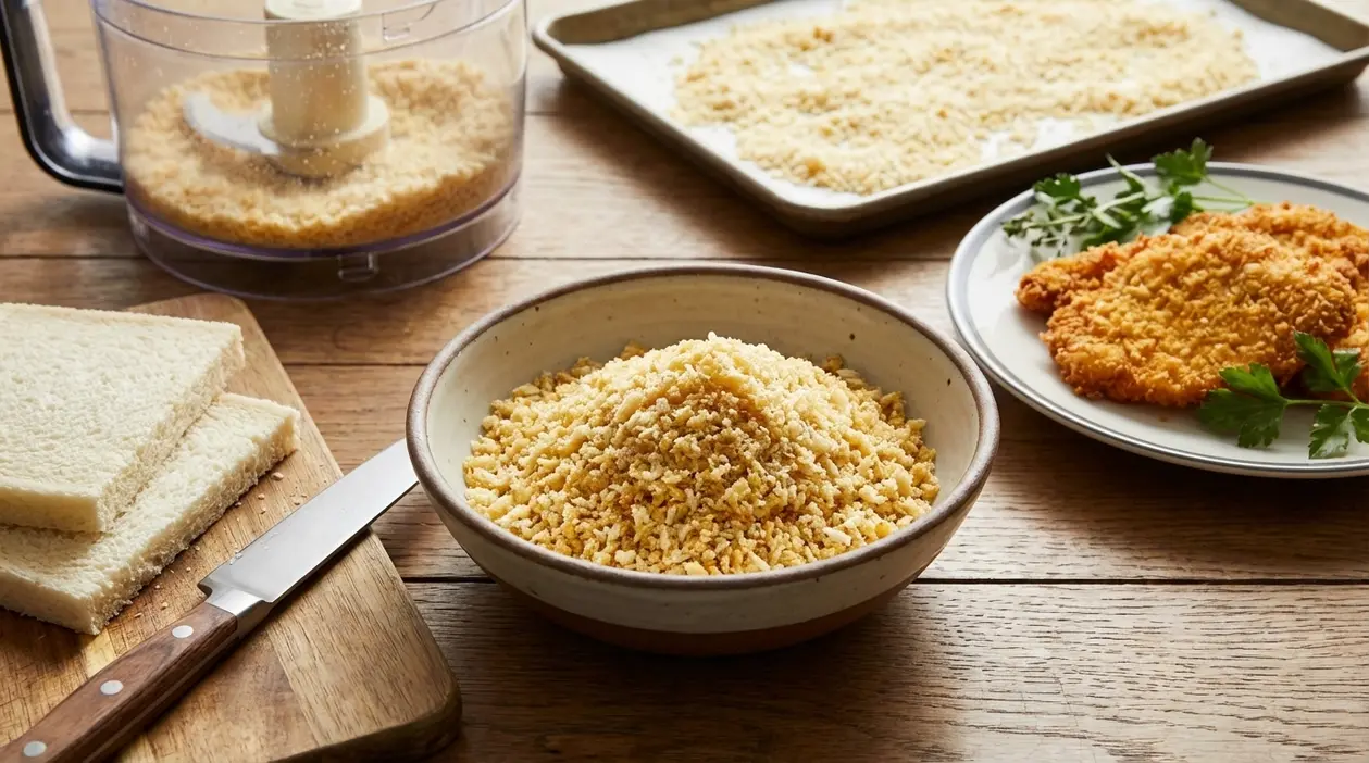 Ciotola di pane panko fatto in casa con fette di pancarré, robot da cucina e cotoletta impanata