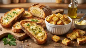 Fette di pane raffermo tostate con burro e prezzemolo accanto a crostini in una ciotola bianca