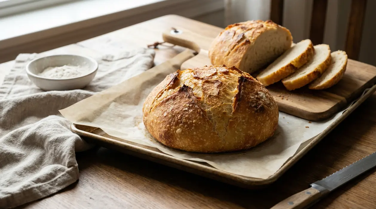Pane senza impasto fatto in casa, croccante e dorato, su una teglia e tagliere in legno