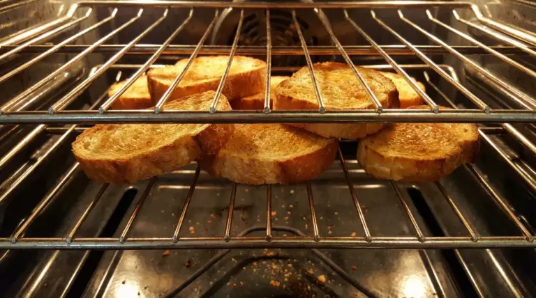 Fette di pane tostato disposte tra le griglie di un forno acceso