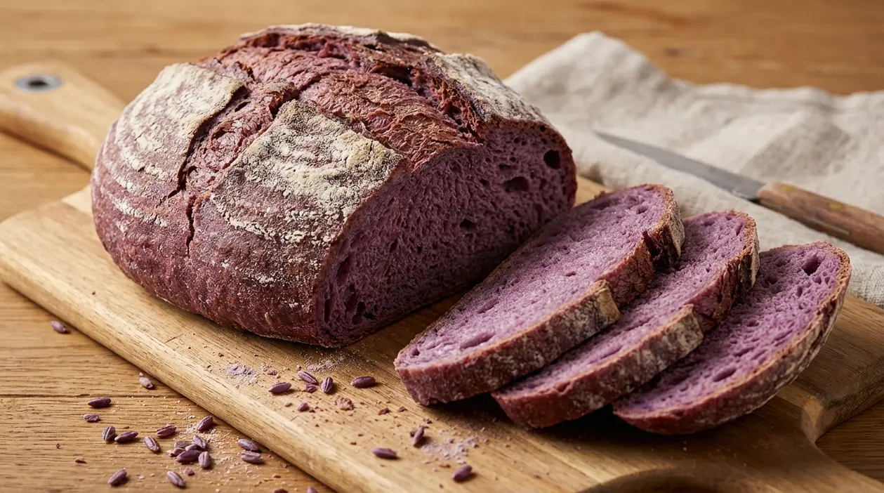 Pagnotta di pane viola tagliata a fette su tagliere di legno