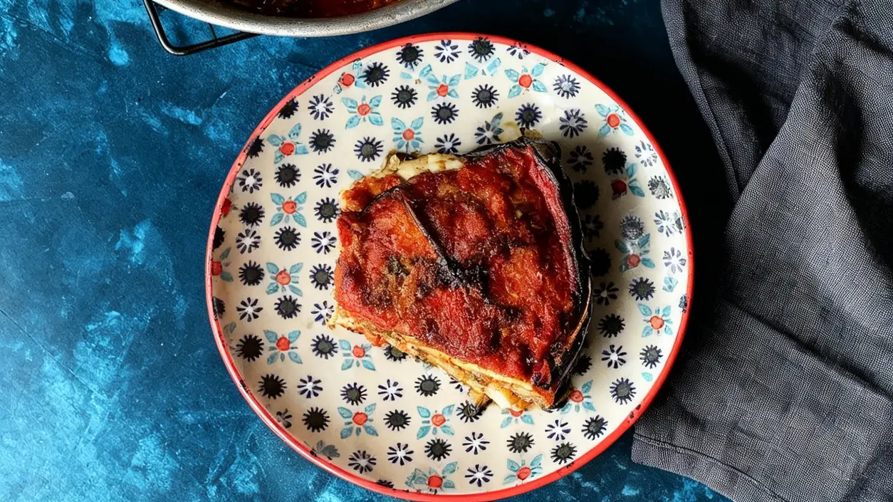 Porzione di parmigiana di melanzane servita su un piatto colorato