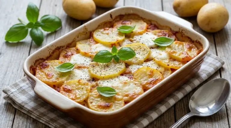 Parmigiana di patate al forno con fette di patate, formaggio filante e foglie di basilico in pirofila