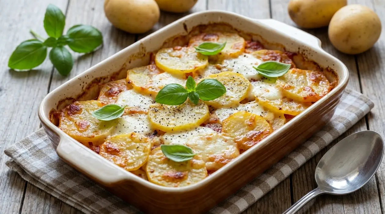 Parmigiana di patate al forno con fette di patate, formaggio filante e foglie di basilico in pirofila