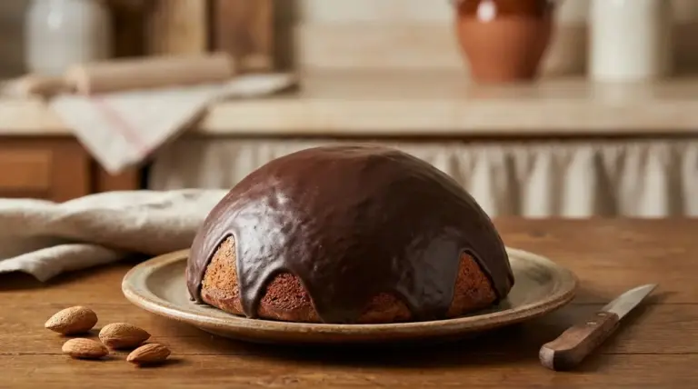 Parrozzo abruzzese con copertura al cioccolato servito su un piatto rustico in cucina