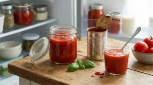 Passata di pomodoro aperta in barattoli e lattina sul tavolo davanti al frigorifero