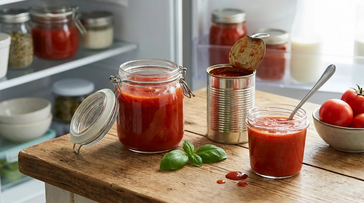 Passata di pomodoro aperta in barattoli e lattina sul tavolo davanti al frigorifero