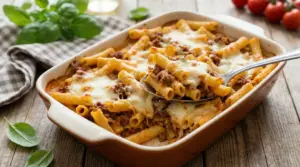 Pasta al forno con besciamella e ragù servita in una pirofila su un tavolo rustico