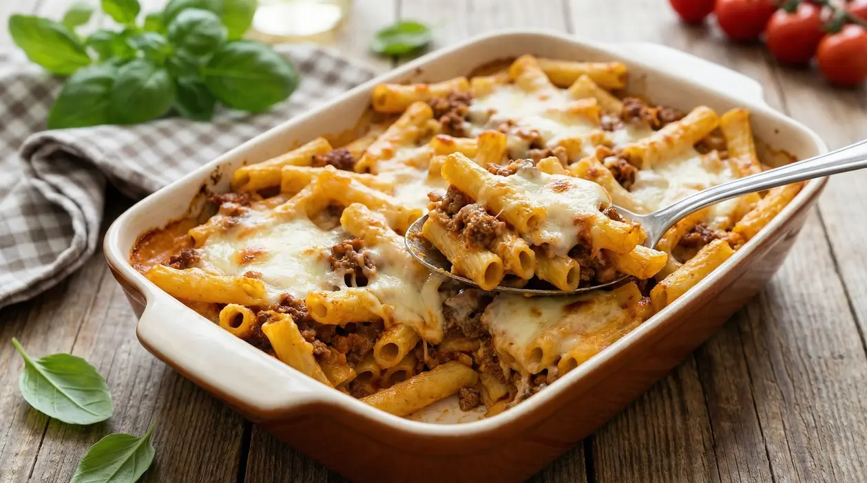 Pasta al forno con besciamella e ragù servita in una pirofila su un tavolo rustico