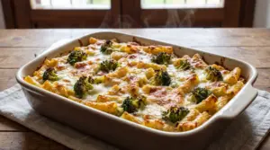 Pasta al forno con broccoli in pirofila, gratinata con formaggio fuso e superficie dorata