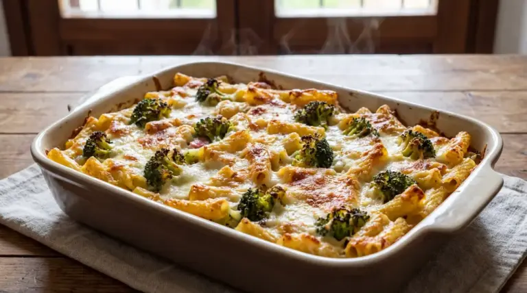 Pasta al forno con broccoli in pirofila, gratinata con formaggio fuso e superficie dorata