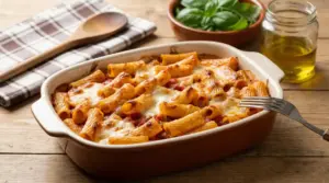 Pasta al forno gratinata servita in una teglia su un tavolo rustico di legno