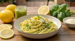 Spaghetti con pesto di limoni, basilico e pinoli, serviti in una ciotola con limoni freschi e formaggio sullo sfondo
