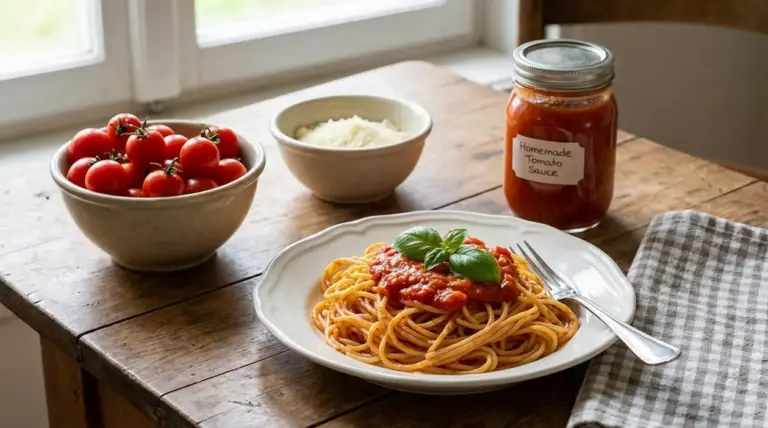 Piatto di spaghetti al pomodoro con basilico su tavolo rustico, accanto a pomodori freschi e salsa di pomodoro