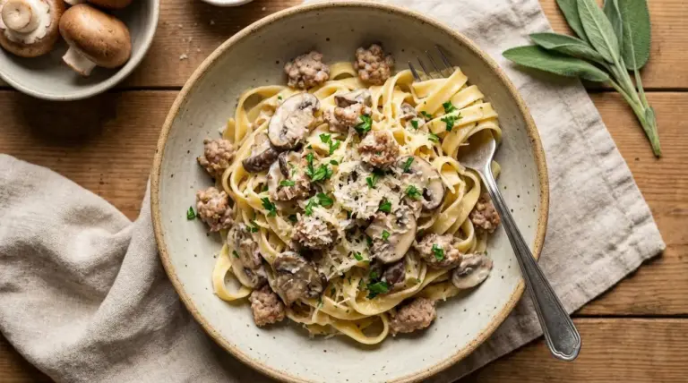 Piatto di tagliatelle con ragù bianco di salsiccia e funghi servito con formaggio grattugiato