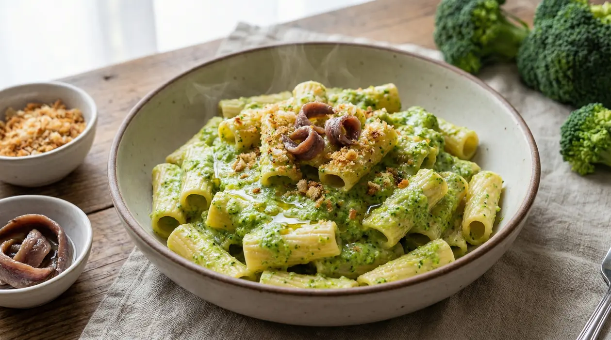 Piatto di pasta con crema di broccoli, acciughe e pangrattato croccante
