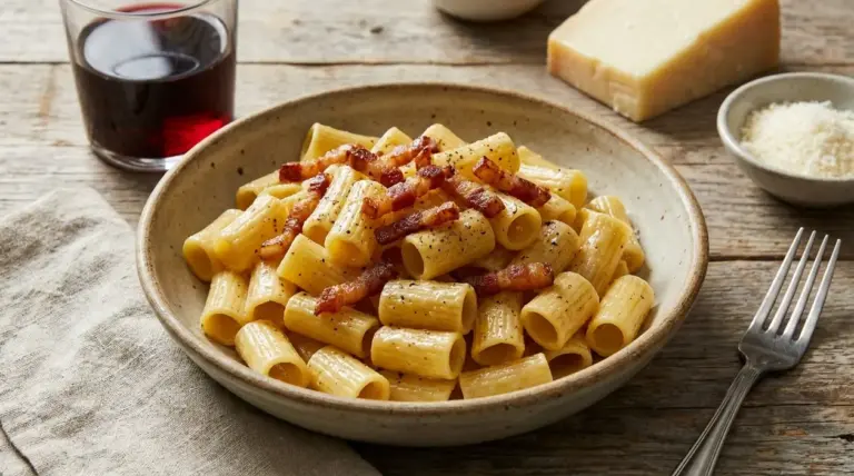 Pasta alla gricia con rigatoni, guanciale croccante, pecorino e pepe nero servita in un piatto rustico