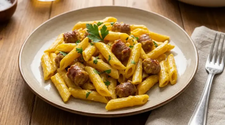 Piatto di penne con polpettine e crema gialla, guarnite con prezzemolo, su tavolo di legno