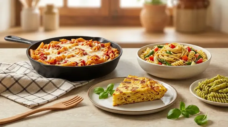 Piatti con pasta avanzata riciclata: pasta al forno, frittata di pasta, insalata di pasta e fusilli al pesto