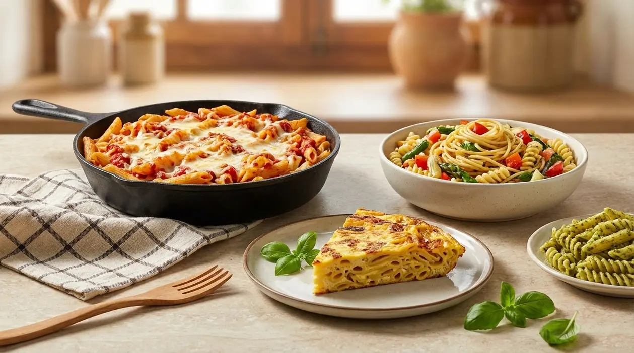 Piatti con pasta avanzata riciclata: pasta al forno, frittata di pasta, insalata di pasta e fusilli al pesto