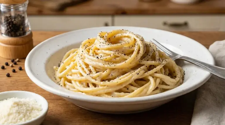 Piatto di pasta cacio e pepe servito in una ciotola bianca con forchetta