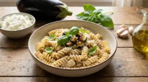 Piatto di pasta con crema di melanzane e ricotta, guarnito con cubetti di melanzane e foglie di basilico