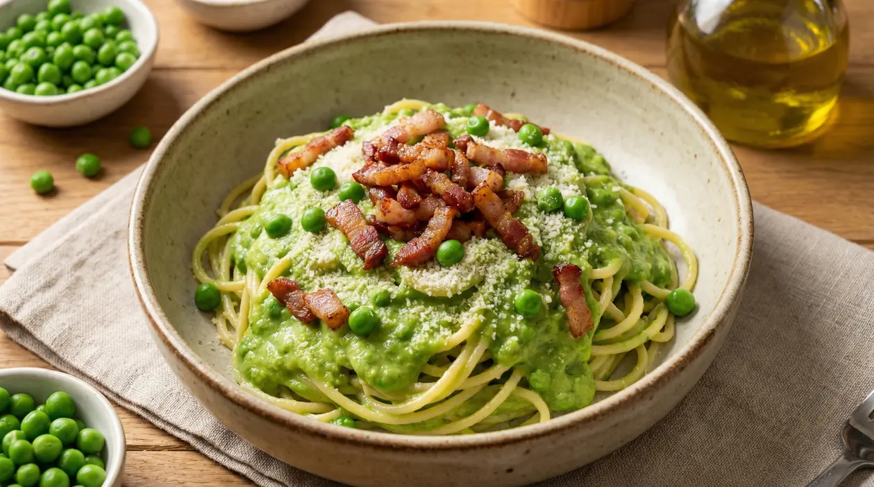 Piatto di spaghetti con crema di piselli, pancetta croccante e formaggio grattugiato