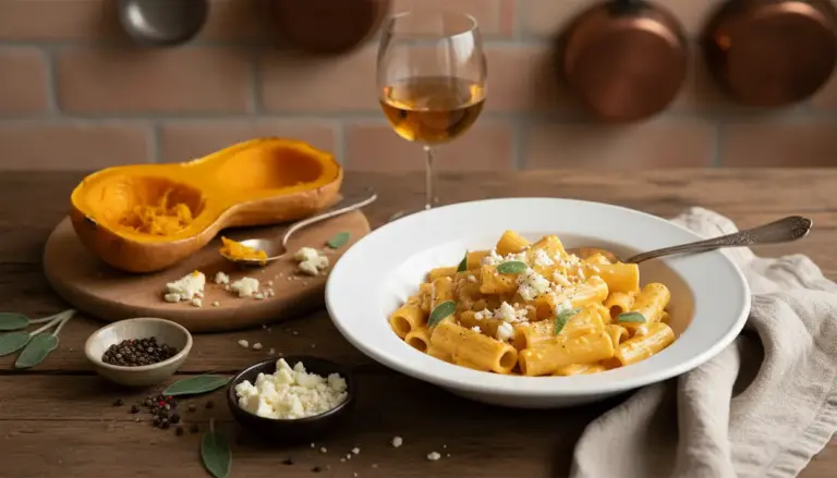 Pasta rigatoni con crema di zucca e gorgonzola, servita in piatto bianco con salvia e pepe su tavolo rustico