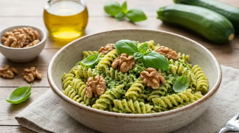 Piatto di fusilli con pesto di zucchine crude e noci guarnito con foglie di basilico