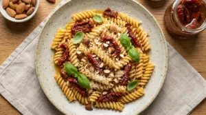 Piatto di fusilli con pomodori secchi, mandorle tritate e foglie di basilico