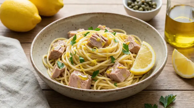 Piatto di spaghetti con tonno, limone e prezzemolo servito in una ciotola di ceramica