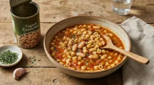 Piatto di pasta e fagioli con cannellini in scatola su tavolo rustico