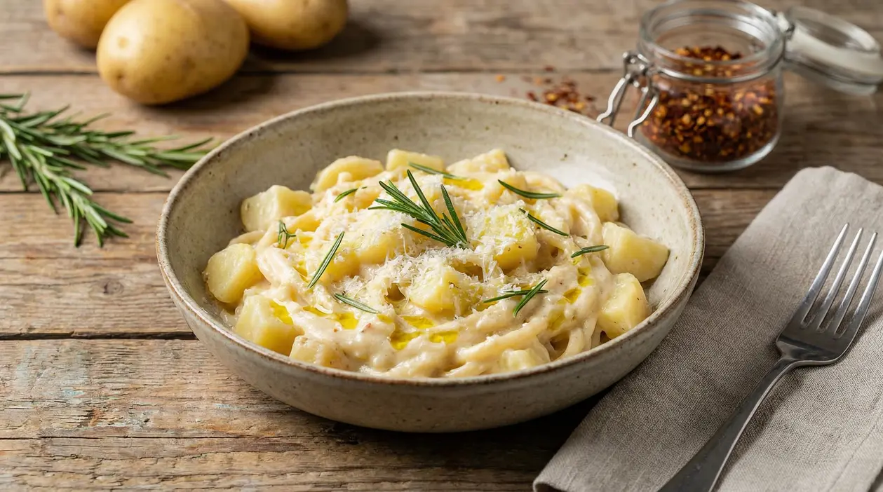 Piatto di pasta e patate cremosa servita con rosmarino e parmigiano