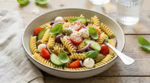 Piatto di pasta fredda con pomodorini, cetrioli, mozzarella e basilico