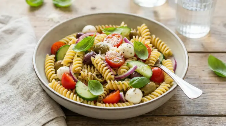 Piatto di pasta fredda con pomodorini, cetrioli, mozzarella e basilico