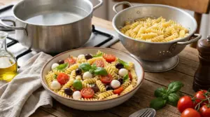 Pasta fredda con fusilli, pomodorini, mozzarella, olive nere e basilico, con pentola e scolapasta sullo sfondo