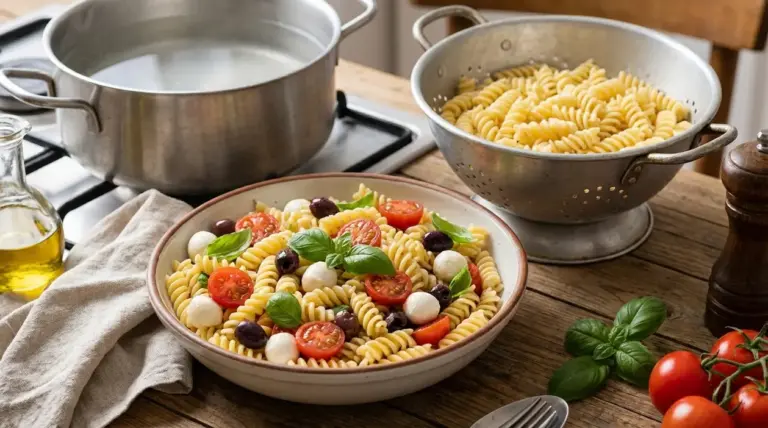 Pasta fredda con fusilli, pomodorini, mozzarella, olive nere e basilico, con pentola e scolapasta sullo sfondo