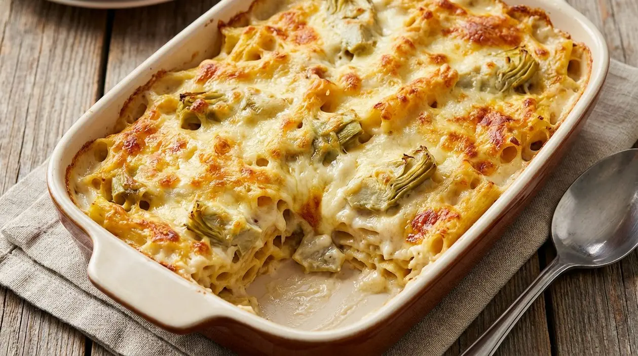 Pasta gratinata con besciamella e carciofi in una teglia da forno su tavolo rustico