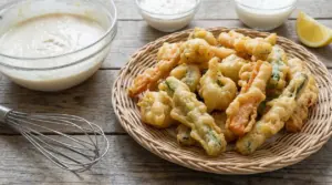 Verdure in pastella dorata e croccante servite in un piatto di vimini con salsa e limone a lato