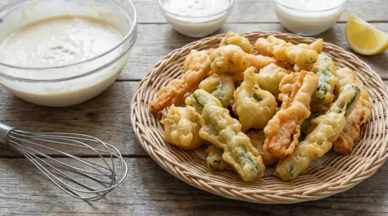Verdure in pastella dorata e croccante servite in un piatto di vimini con salsa e limone a lato