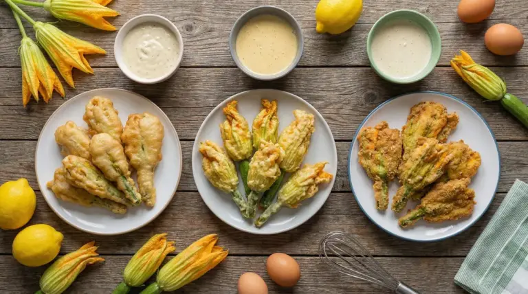 Tre piatti di fiori di zucca fritti con diverse pastelle e ciotole di impasto su tavolo rustico con limoni e uova