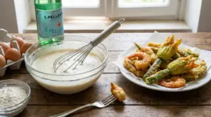 Pastella pronta in una ciotola con frusta accanto a verdure e gamberi fritti su un piatto