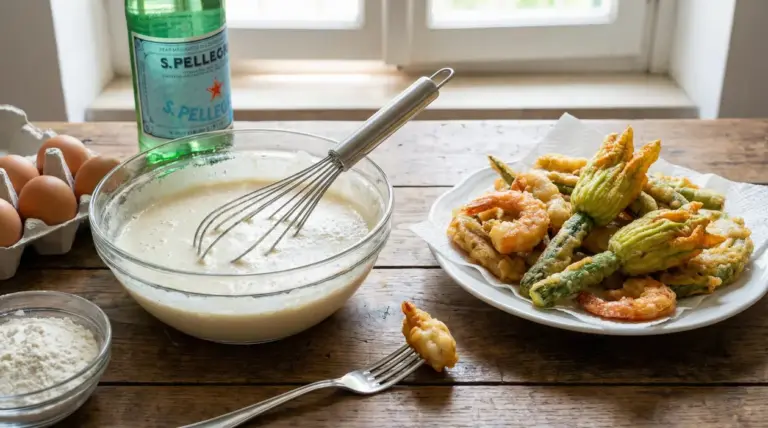 Pastella pronta in una ciotola con frusta accanto a verdure e gamberi fritti su un piatto