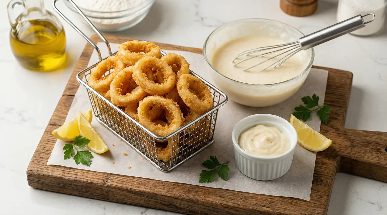 Anelli di calamari fritti serviti con salsa, limone e ingredienti per la pastella su un tagliere
