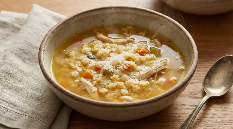 Ciotola di pastina in brodo con verdure, pollo sfilacciato e formaggio grattugiato