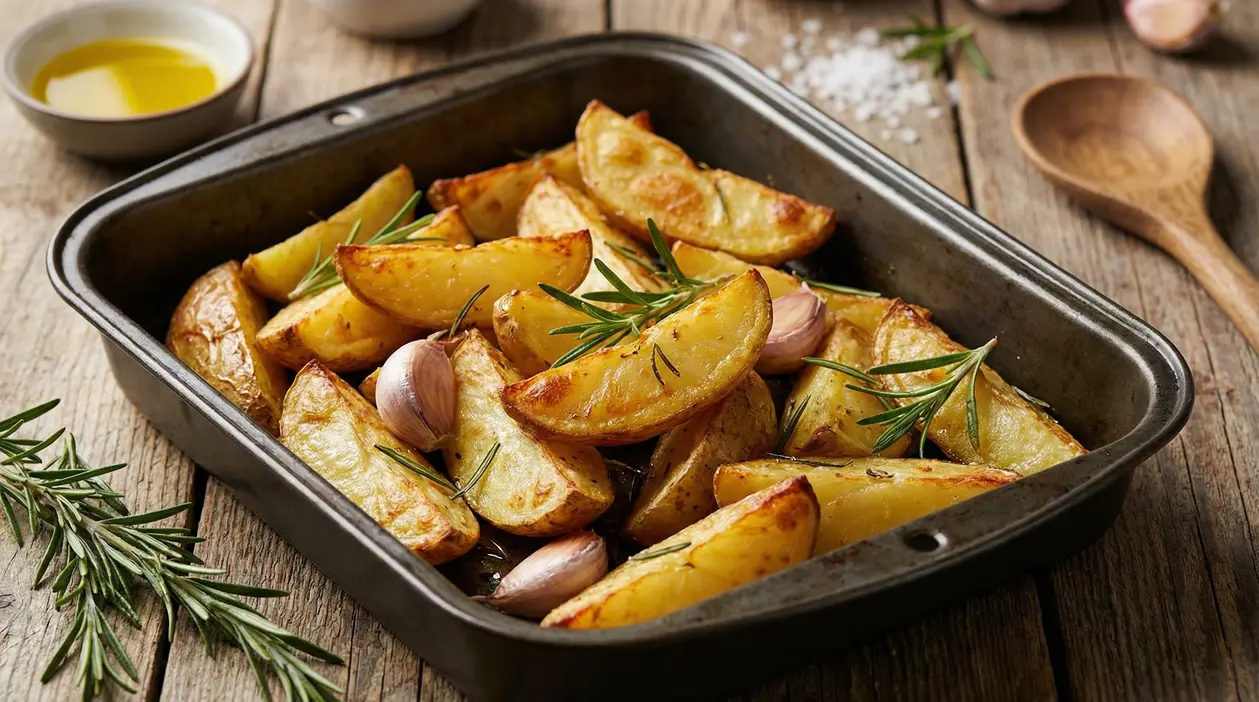 Patate al forno dorate con aglio e rosmarino in una teglia su un tavolo rustico