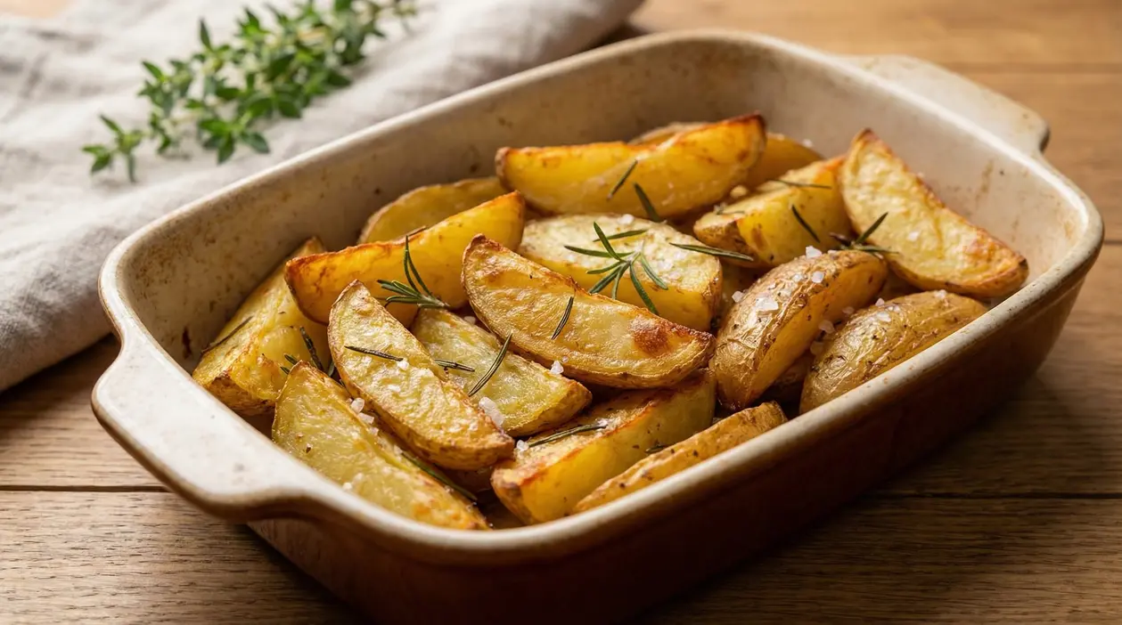 Patate al forno dorate in una pirofila con rosmarino e sale grosso