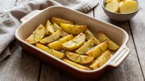 Patate al forno a spicchi con rosmarino in una pirofila, dorate e croccanti