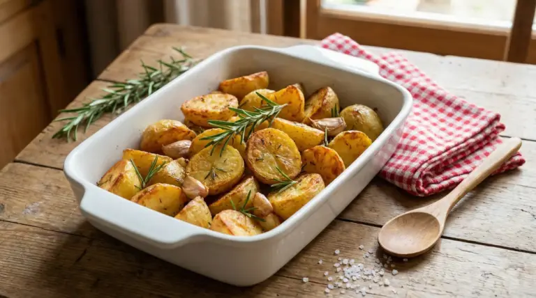 Patate arrosto con aglio e rosmarino in una teglia su tavolo rustico